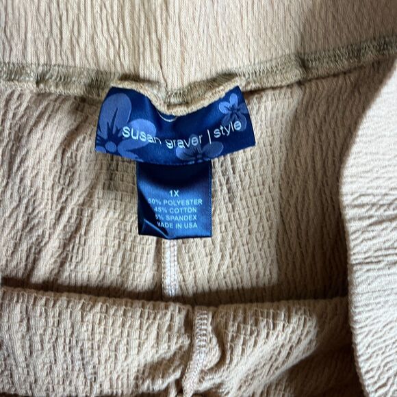 Susan Graver Pants Womens 1X Beige Tan Liquid Knit Wide-Leg Pull-On Crinkle - Picture 3 of 10